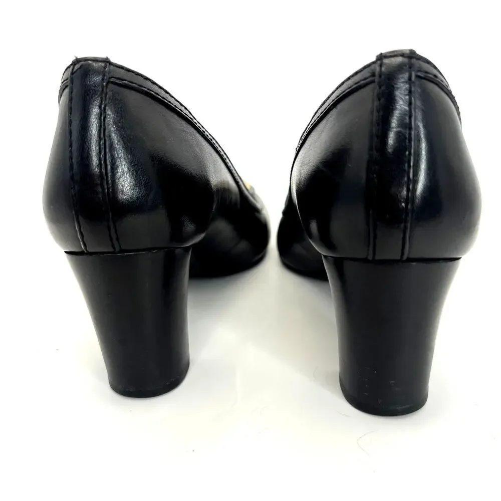Tory Burch Black Leather Pumps Gold Logo Medallion Twist Lock 8 Round Toe